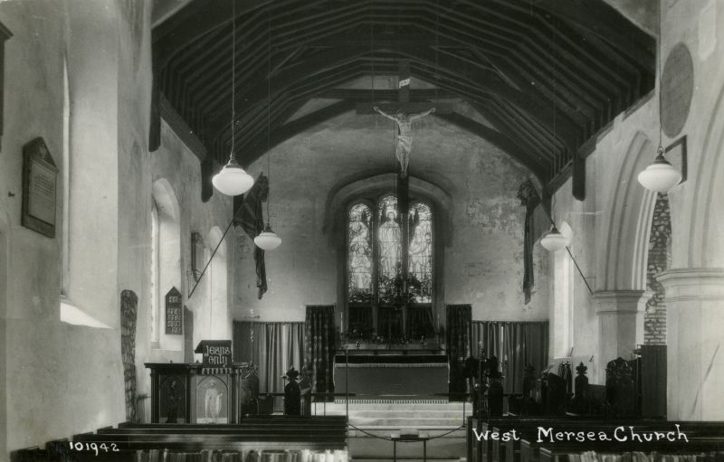  West Mersea Church - interior. Postcard 101942. 

Writing on the back says Its ever so old, all the pews are painted bottle green it does look funny.

Another copy of this mailed 23 April 1932. 
Cat1 Mersea-->Buildings