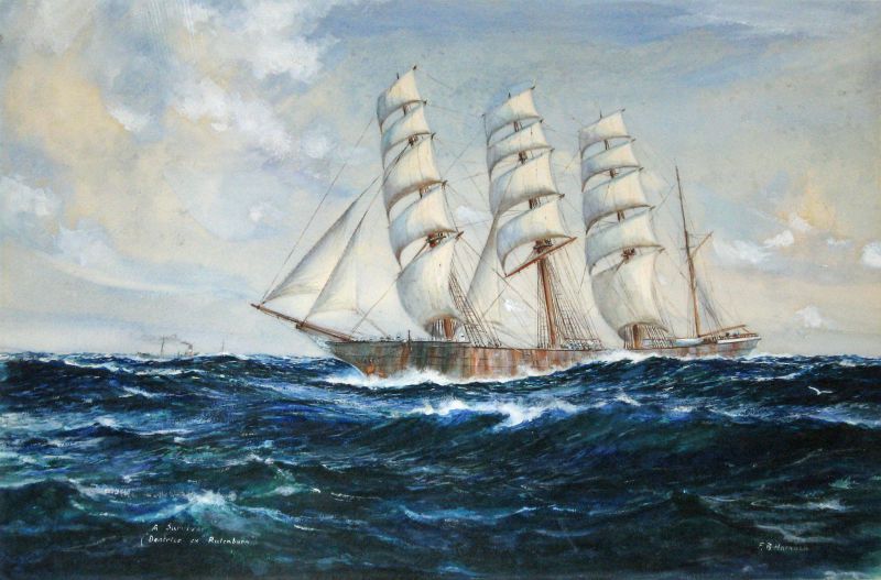  A Survivor. Painting by Fid Harnack, on display in Mersea Museum.

BEATRICE - SVITHIOD - ROUTENBURN.

Watercolour by Fid Harnack, RSMA.

From the Martin Dence collection, kindly donated by Alan and Bry Mogridge October 2012.

Four masted iron barque built 1881 by Robert Steele & Co., Greenock. Length 289 feet, beam 42.2 feet, draft 23.9 feet. Gross registered tonnage 2,094. ...
Cat1 Art-->Fid Harnack Cat2 Ships and Boats-->Merchant -->Sailing