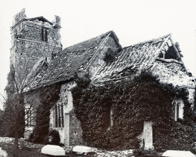  Langenhoe Church following the 1884 Essex Earthquake. The church was rebuilt from old materials two years after the 1884 earthquake. However, following structural problems, it was demolished c1962.

Photograph is from a Magic Lantern slide British Scenes 64 Essex Lavenham [sic] Church. 
Cat1 Places-->Langenhoe Cat2 Disasters and Mishaps-->on Land