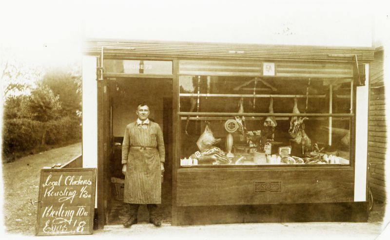  E.A. Vince ( Ernie Vince ) Butcher about 1940. Corner of Rainbow Road and Kingsland Road. 
Cat1 People-->Other Cat2 Mersea-->Shops & Businesses