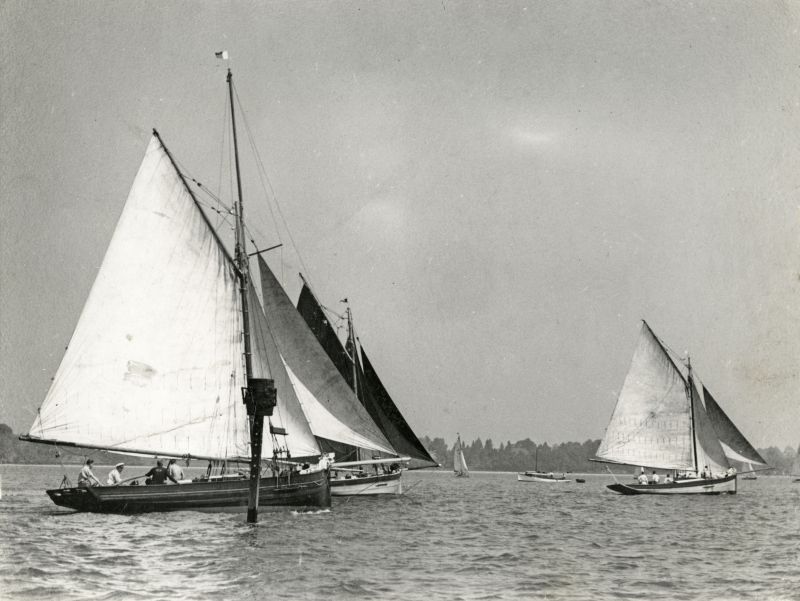  SNOWDROP leading CHARLOTTE and MERLIN in a race for converted smack yachts at West Mersea. They are seen at the start, passing the Nass Beacon. Douglas Went notes: This very old mark has now been removed from Mersea Quarters... 

Douglas Went photograph.

BOXB3_131_001_001 is part of this photograph 
Cat1 Blackwater-->Views Cat2 Smacks and Bawleys