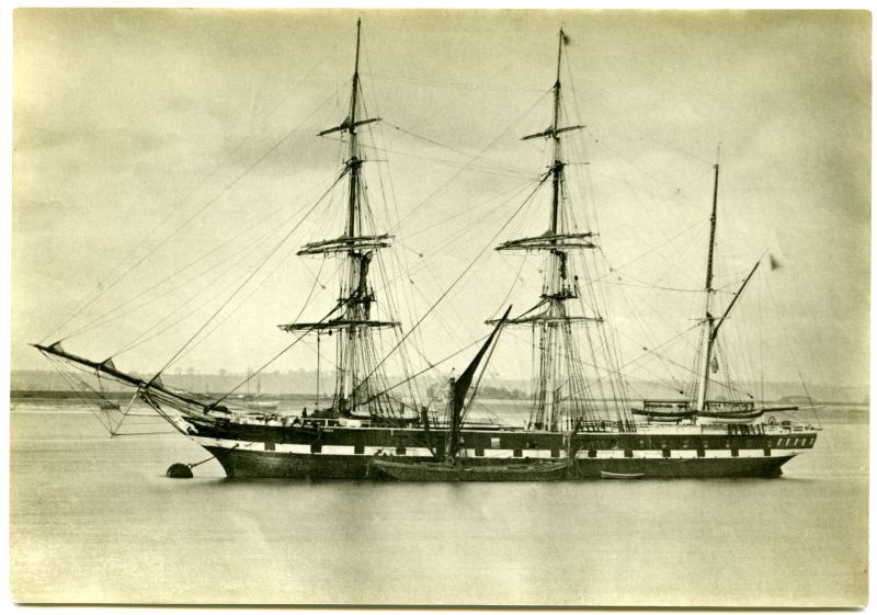  Barque ESSEX, Blackwaller, Gravesend. Swimmie barge alongside.
Believe this ESSEX was built 1862 as full rigged ship for Money Wigram, Official No. 45025. Sold 1880 to C B Walker and converted to barque rig. She was lost 1881. This would date the photograph 1880-81. 
Cat1 Barges-->Pictures Cat2 Places-->Thames Cat3 Ships and Boats-->Merchant -->Sailing