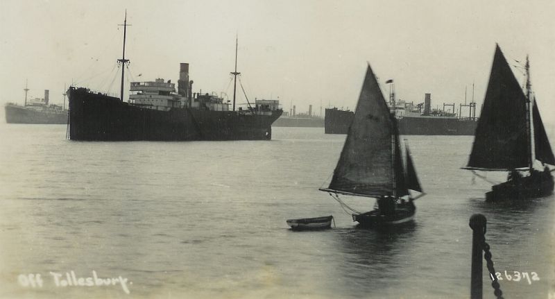 View from Tollesbury Pier. Postcard 126372.

The prominent vessel on the left is Houlder Bros and probably SAGAMA RIVER or ORANGE RIVER. The distant vessel further left is similar. Date: c1930.