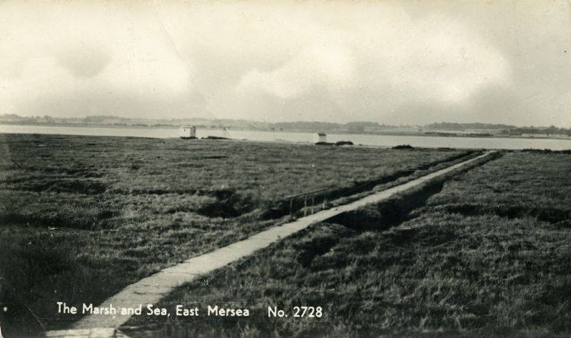  The Marsh and Sea, East Mersea. Postcard No. 2728, unposted. There are two huts on the beach - one would have been for the ferry to Brightlingsea. 
Cat1 Mersea-->East Cat2 Places-->Colne