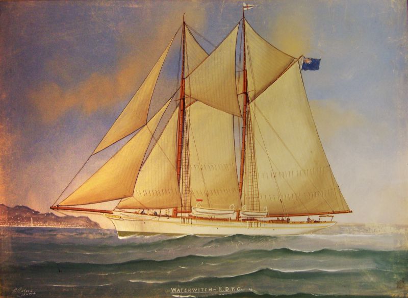  WATERWITCH. R.D.Y.C. Painting by G. Roberto, Genova, in Peter Bibby's collection. It originally came from his grandfather.

Is this WATERWITCH 81017 wooden schooner 100ft bp, built Camper & Nicholson, Gosport, 1880? Owned in 1900 by Rt. Hon. A.H. Smith-Barry, M.P. and in 1914 by Thomas L. Oliver of Grays.

The pennant flying suggests she belongs to the Royal Dorset Yacht Club. A previous ...
Cat1 Yachts and yachting-->Sail-->Larger Cat2 Art-->Other Artists
