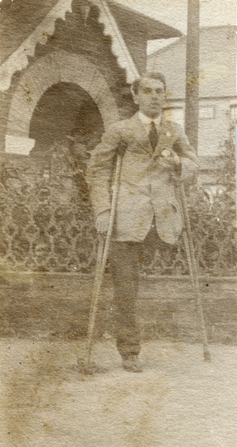  Tom Smith, son of Mary Overall Smith who lost his leg on the Western Front in WW1, as mentioned in Not Just a Name, page 25. 

From Millie French photo album.

Ron Green says he went on to become a quantity surveyor away from Mersea, but eventually settled back on Mersea in Yorick Road. He died in 1974. 
Cat1 Families-->Smith Cat2 War-->World War 1