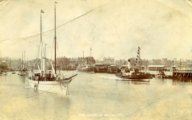  The Harbour, Weymouth. Postcard written by H.J. Rice to Mrs J. Rice, Masonic House, Woodrope Road, Tollesbury. 
Cat1 Places-->Other Cat2 Yachts and yachting-->Steam