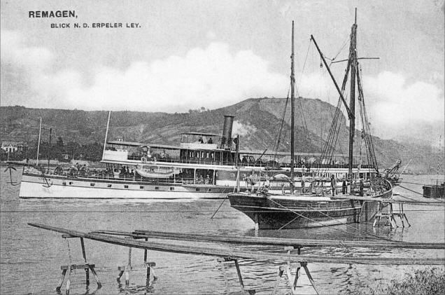  Ketch barge and paddle steamer on the Rhine at Remagen. 
Cat1 Barges-->Pictures