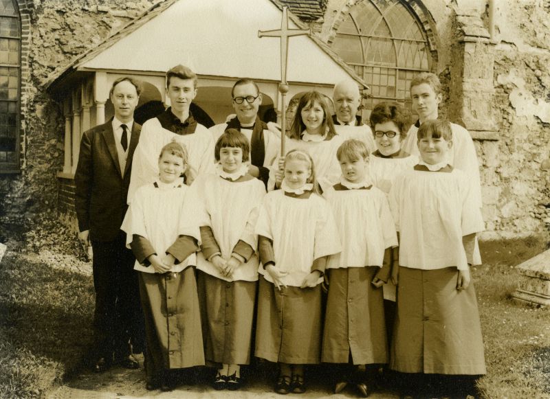  The choir, East Mersea Parish Church.

L-R back 1., 2., 3. Reverend East, 4., 5., 6. Pat French, 7.

Front 1., 2., 3., 4., 5., 6.

Reverend Walter East B.A. was Rector of East Mersea 1957 to 1973. 
Cat1 Mersea-->East