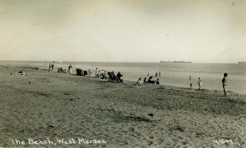  West Mersea beach in the 1920s. Postcard 141507. 

Written on the back of the card: Our chalet, Coopers Beach, East Mersea on this misty lovely moring. 9 May 1966. 
Cat1 Mersea-->Beach Cat2 Blackwater-->Laid up ships