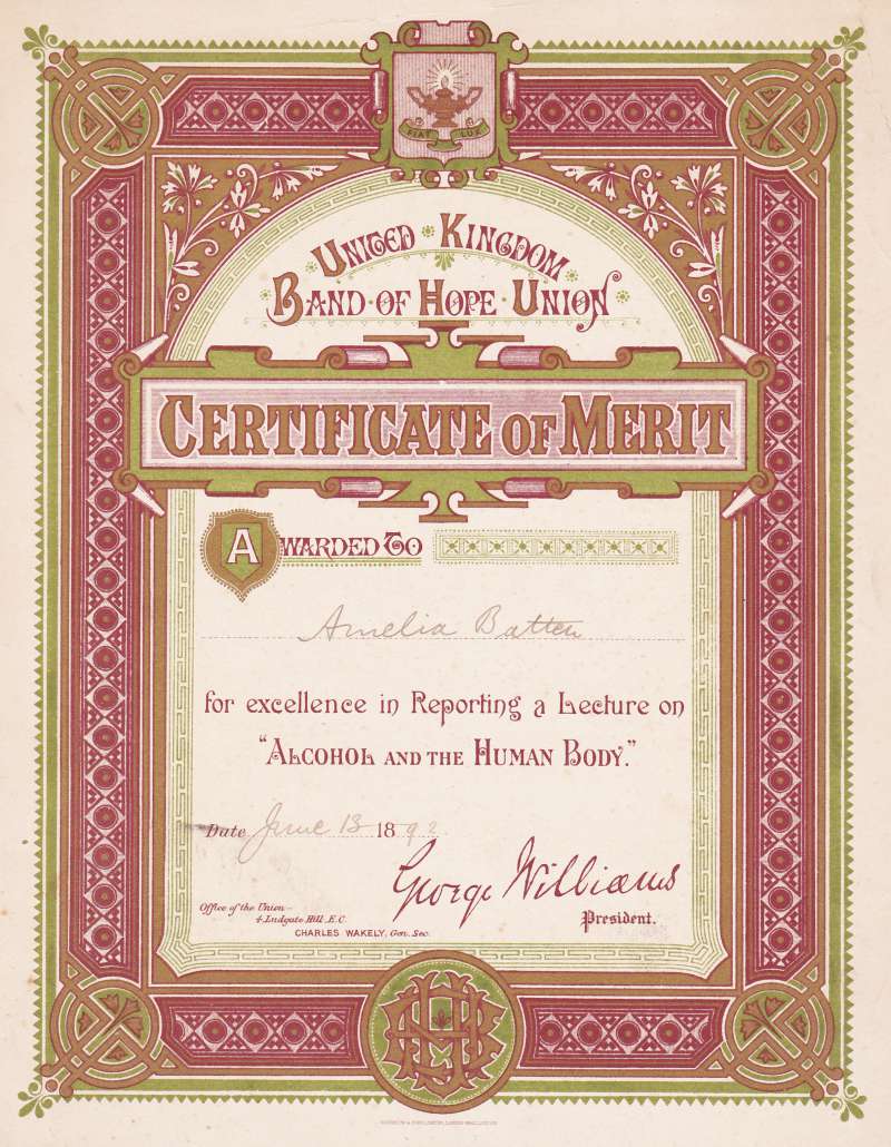  United Kingdom Band of Hope Union Certificate of Merit, awarded to Amelia Batten for reporting on Alcohol and the Human Body. 
Cat1 Tollesbury-->Other