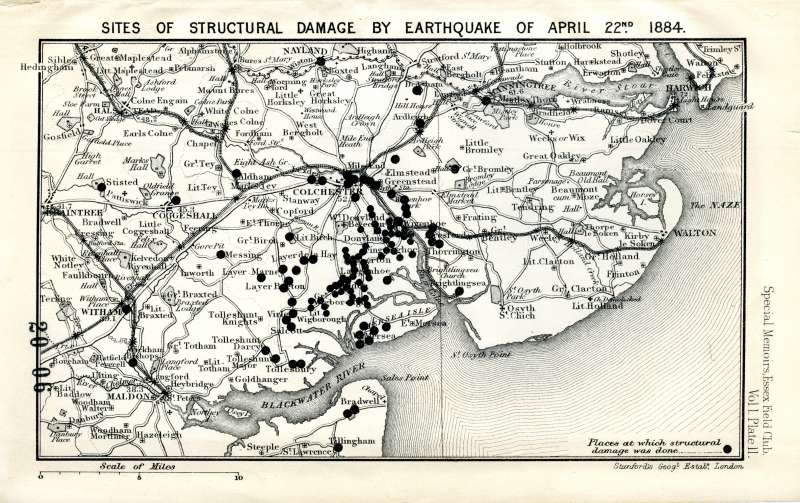  Report on the East Anglian Earthquake by Meldola and White, page 231, Plate II.

Sites of structural damage by earthquake of 22 April 1884. Reprinted from Symon's Meteorological Magazine for May 1884. 
Cat1 Disasters and Mishaps-->on Land Cat2 Maps and Charts