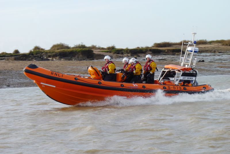  JUST GEORGE - West Mersea's new lifeboat is named in memory of George Stribling from Weeley, whose bequest covered more than half its cost. The £214,000 Atlantic 85 boat was delivered to the station October 2014 and replaced the Atlantic 75 DIGNITY, which had been at West Mersea since 2001.

The Official Naming was performed by Griff Rhys Jones 31 May 2015. 
Cat1 Mersea-->Lifeboat-->Pictures
