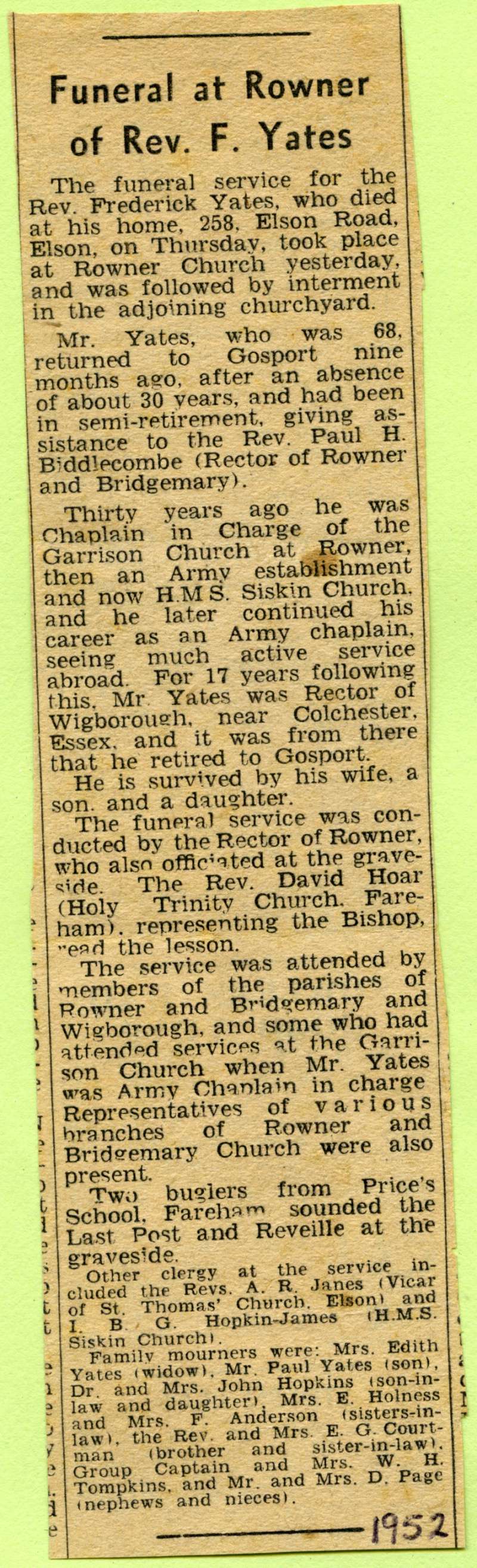 1. ID SG01_086_001 Funeral at Rowner of Rev. F. Yates. For 17 years he was Rector of Wigborough near Colchester.
Cat1 Places-->Wigborough