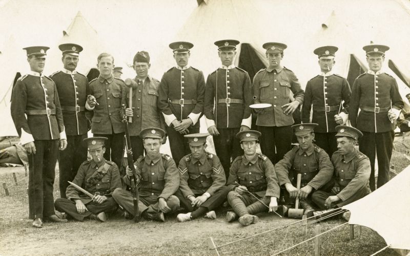  Tollesbury Detachment. W.J. Juniper back row, 5th from left. Postcard.

Used in More from Tollesbury Past plate 56, which says the army detachment is pictured at Shorncliffe. 
Cat1 Tollesbury-->People Cat2 War-->World War 1