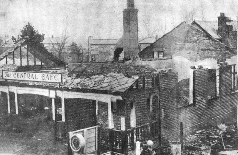  The Central Cafe in High Street after the fire.

Undated newspaper photograph by J.E. Stutter


From an attached cutting:

... it was discovered that Mr R. Key's shop (tobacconists and hairdressers) had caught fire. Being a wooden building, the fire spread rapidly. Mr R. Page, postmaster, immediately telephoned to Fireman A. Mills, also to Sergeant Dawson.

... Mr Key's shop had ...
Cat1 Mersea-->Shops & Businesses Cat2 Disasters and Mishaps-->on Land
