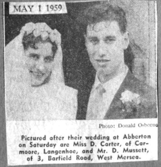  Pictured after their wedding at Abberton on Saturday are Miss D. Carter, of Carmoore, Langenhoe, and Mr D. Mussett, of 3 Barfield Road, West Mersea 
Cat1 Families-->Mussett