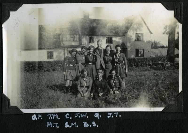  Girl Guides - 1936 Camp. Hunts Grange Farm.

G.F., P.M., C. J.W., Q., J.T.

M.T., S.M., B.S. 
Cat1 Girl Guides