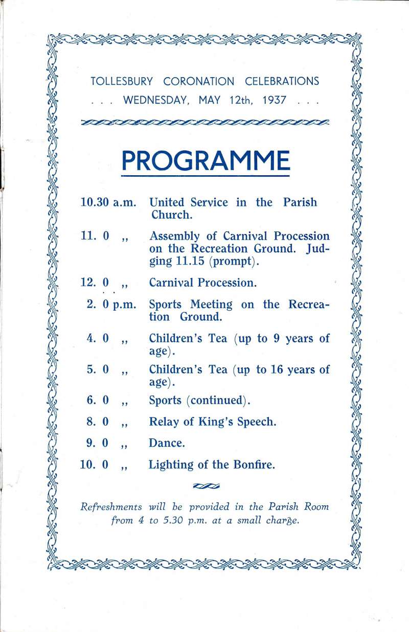  King George VI Coronation - Tollesbury Souvenir Programme. Page 3. 
Cat1 Tollesbury-->Events