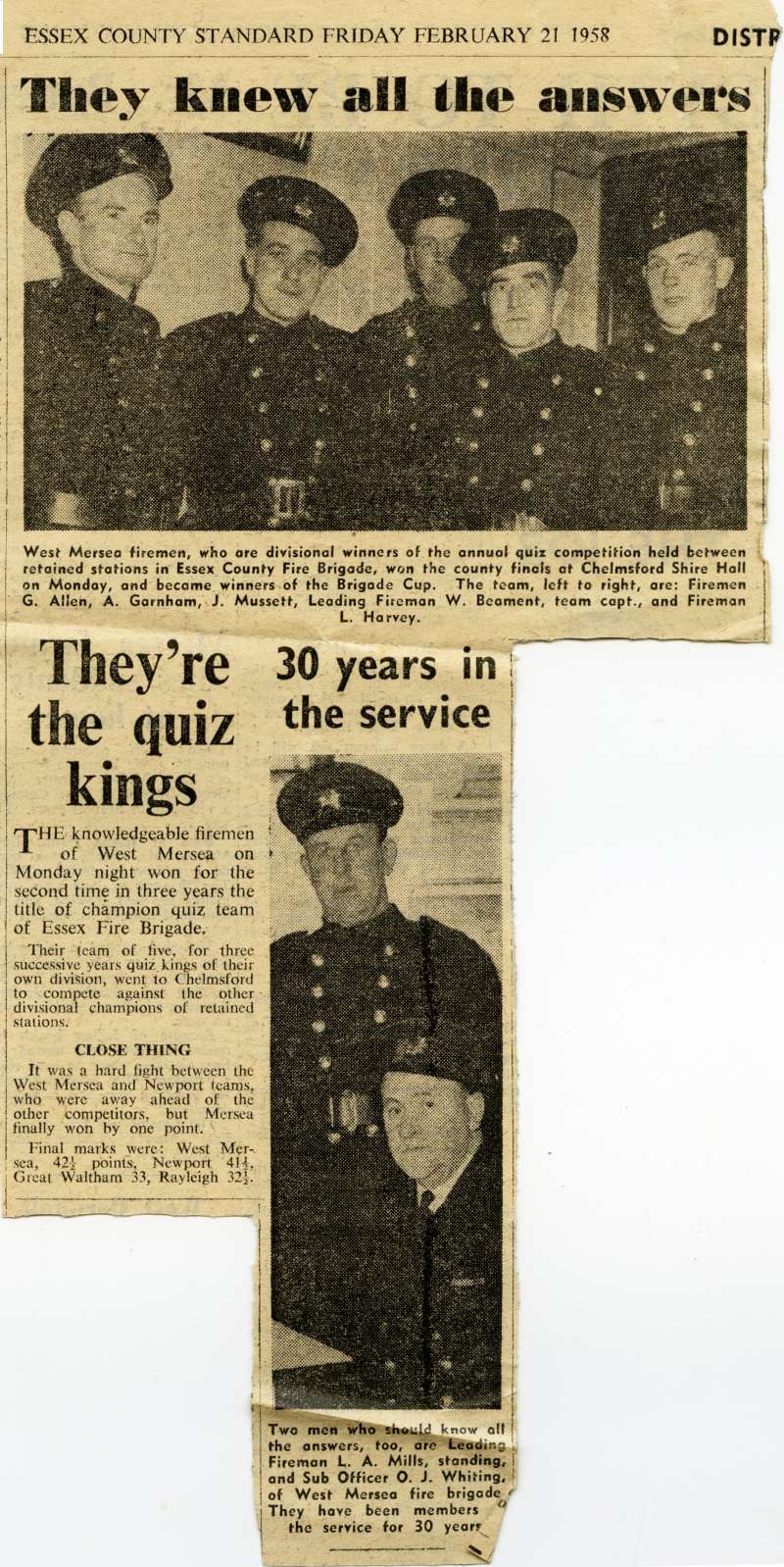  West Mersea firemen are quiz champions. Photographs G. Allen, A. Garnham, J. Mussett, W. Beament and L. Harvey. Second picture has L.A. Mills and O.J. Whiting.

from Essex County Standard 21 February 1958 
Cat1 Mersea-->Fire Brigade Cat2 Families-->Mussett