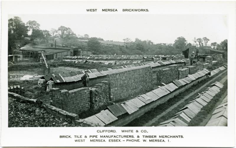  West Mersea Brickworks.

Clifford White & Co.

Brick, tile and pipe manufacturers and timber merchants.

Phone West Mersea 1.


This is now the site of Rushmere Close. The view is looking southeast, Broomhills Road would be upper centre. The river and Bradwell can just be made out on the horizon on the right.

The row of bricks in the centre have been burned, but the other ...
Cat1 Mersea-->Shops & Businesses