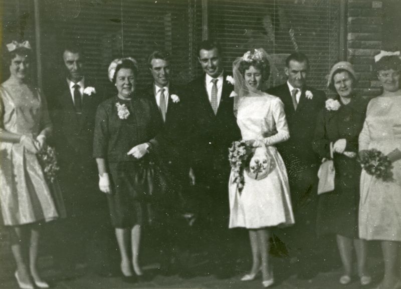  Wedding of Barry Clamp and Daphne Hewes.

L-R daughter of 'Pinky' Hewes, Ron Clamp, Mrs Clamp, John Green, Barry Clamp, Daphne Clamp, 'Pinky' Hewes, Mrs 'Pinky', Lilian Mills ?

28 October 1961 Barry Clamp 22 carpenter married Daphne Violet Hewes 21 machinist, at West Mersea Parish Church. 
Cat1 Families-->Hewes