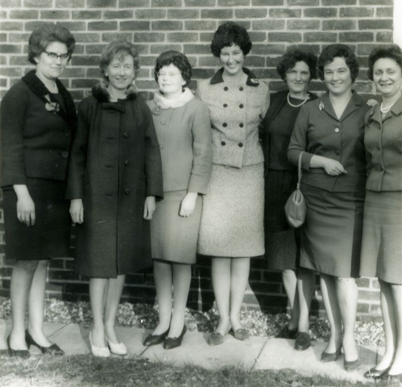  Conversion of manual telephone exchange to automatic.

L-R 1. June Williams, 2. Joyce French née Green, 3. Erica Whitmore, 4. Jenny Jopson, 5. Marie Davies, 6. Hilda Cudmore, 7. Joan Everrett.

From Album 8. 
Cat1 People-->Other Cat2 Mersea-->Events