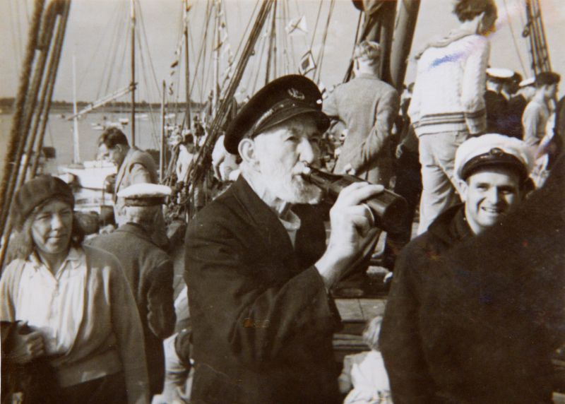  On board Regatta Committee boat. Gladys Wyatt left, 'Admiral' William Wyatt enjoying a beer.

From Album 9. 
Cat1 Mersea-->Regatta-->Pictures