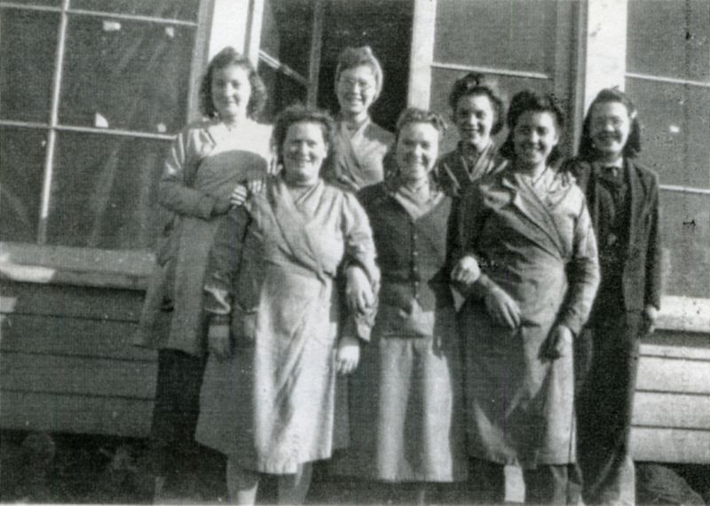  Gowens workers 1943/44

Back 1. Mrs E Evenden née Stoker, 2. Miss B. Pullen, 3. Mrs Atkinson née Cook, 4. Mrs J. Pontyfix née Gladwell

Front 1. Mrs N. Smith née Meekings, 2. Mrs Blanche Hewes née Green, 3. Mrs N. Preston née Mole.

From Album 12. 
Cat1 Ship and boat building, sailmaking Cat2 Families-->Mole Cat3 Families-->Pullen Cat4 Families-->Hewes