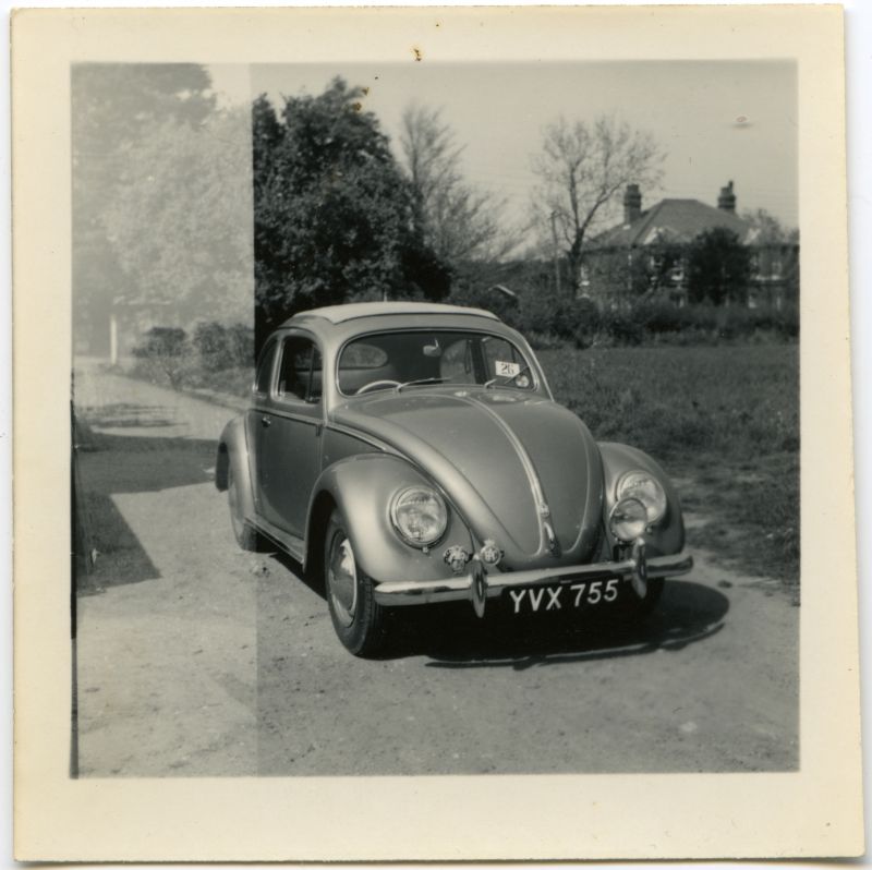  Volkswagen Beatle YVX755 at Brierley Hall. In the background on the right across East Road in The Maples owned by the Kemps, and since pulled down. 
Cat1 Mersea-->Buildings