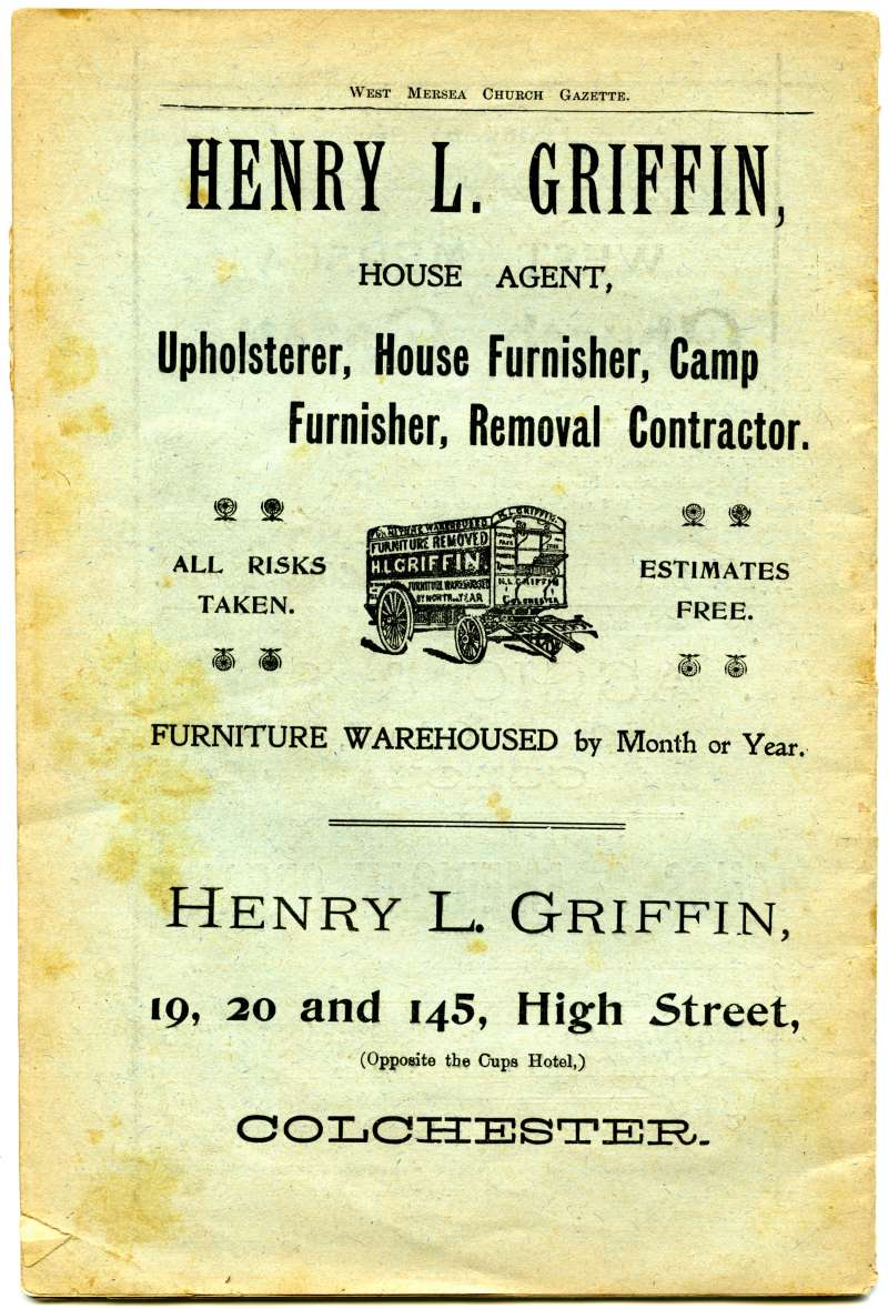  West Mersea Church Gazette back cover.

Henry L. Griffin, House Agent. 
Cat1 Books-->Church Gazette
