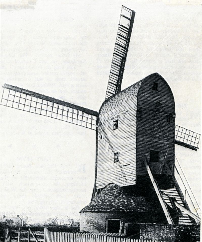  An old photograph of Birch Mill, a typical post mill with a brick roundhouse hiding the substructure. The roundhouse did not support the mill but merely provided cover for the crosstrees and quarter-bars and a convenient storage space.

From Essex Millrights by R.W. Malster, Essex Countryside November 1969, page 40. 
Cat1 Birch-->Buildings