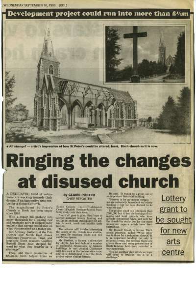  Ringing the changes at disused church, by Claire Poreter. Lottery grant to be sought for new arts centre.

How St Peter's could be altered. Birch Church as it is now.

From Evening Gazette. (Coast/Col) 
Cat1 Birch-->Church