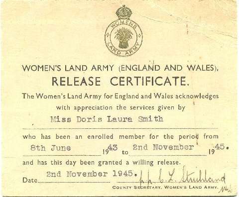  Women's Land Army Release Certificate for Miss Doris Laura Smith, now known as Babs Newman. 
Cat1 People-->Land Army Cat2 Museum-->DisplayPhotos