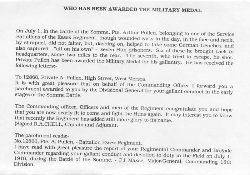  Citation for Military Medal awarded to Private Arthur Pullen for action at the Battle of the Somme, 1st July 1916. 
Cat1 Families-->Pullen Cat2 War-->World War 1