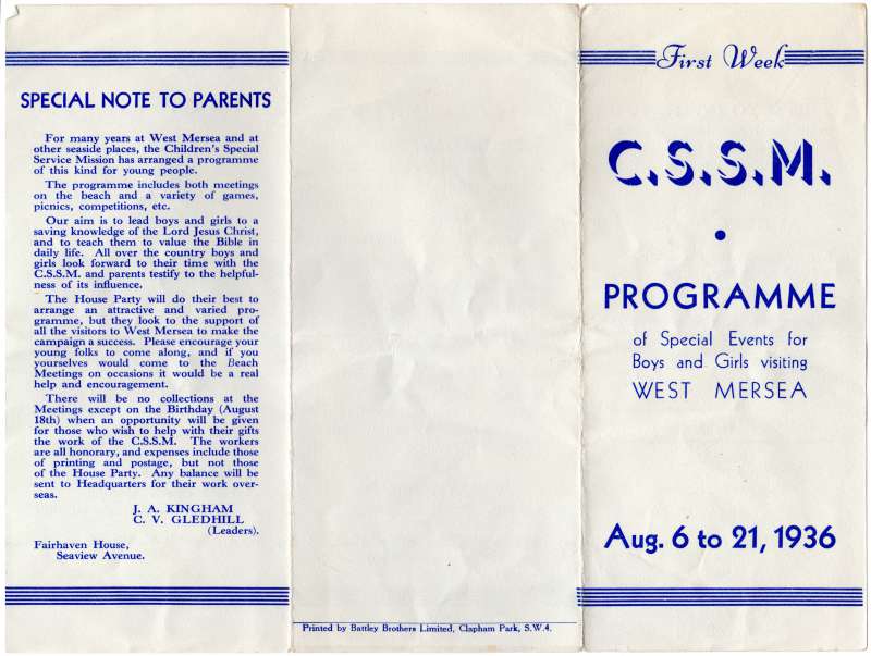  Children's Special Service Mission [Beach Club]

Programme First Week. Note to parents from J.A. Kingham and C.V. Gledhill, Fairhaven House.

Donated by Jan Pearson. Accession No. 2018.10.002B 
Cat1 Museum-->Artefacts and Contents
