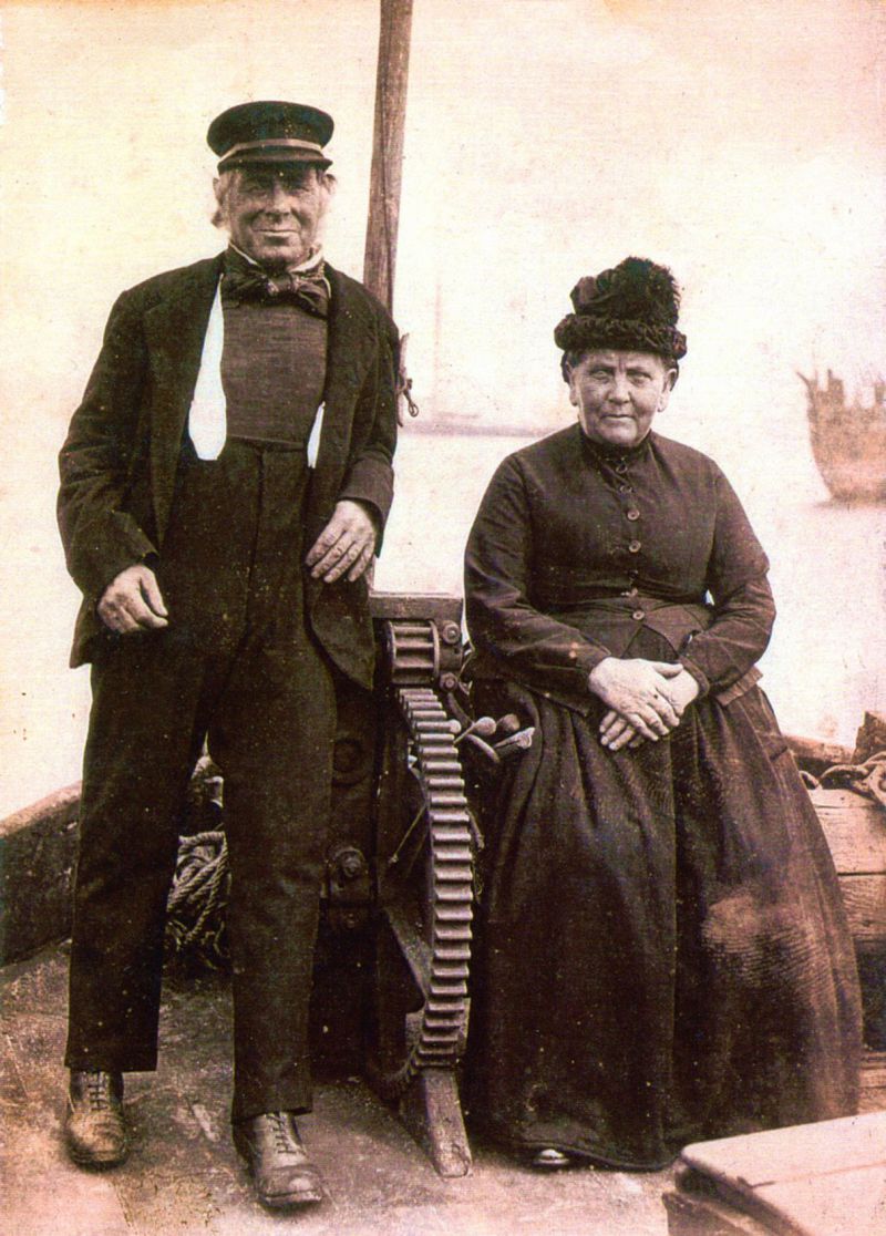  Mr W. Baker and wife on the barge HIBERNIA (?) off Mersea Stone July 1889. Used in the 2001 West Mersea Town Regatta Programme where the caption was 'Mr and Mrs Baker pose by the windlass on their barge 'Pandora'. They ran a ferry service from East Mersea to Brightlingsea during the time the Rev. S. Baring-Gould wrote 'Mehalah'. He based his D'Wit characters on them and Mehalah herself on their ...
Cat1 Barges-->Pictures Cat2 People-->Other