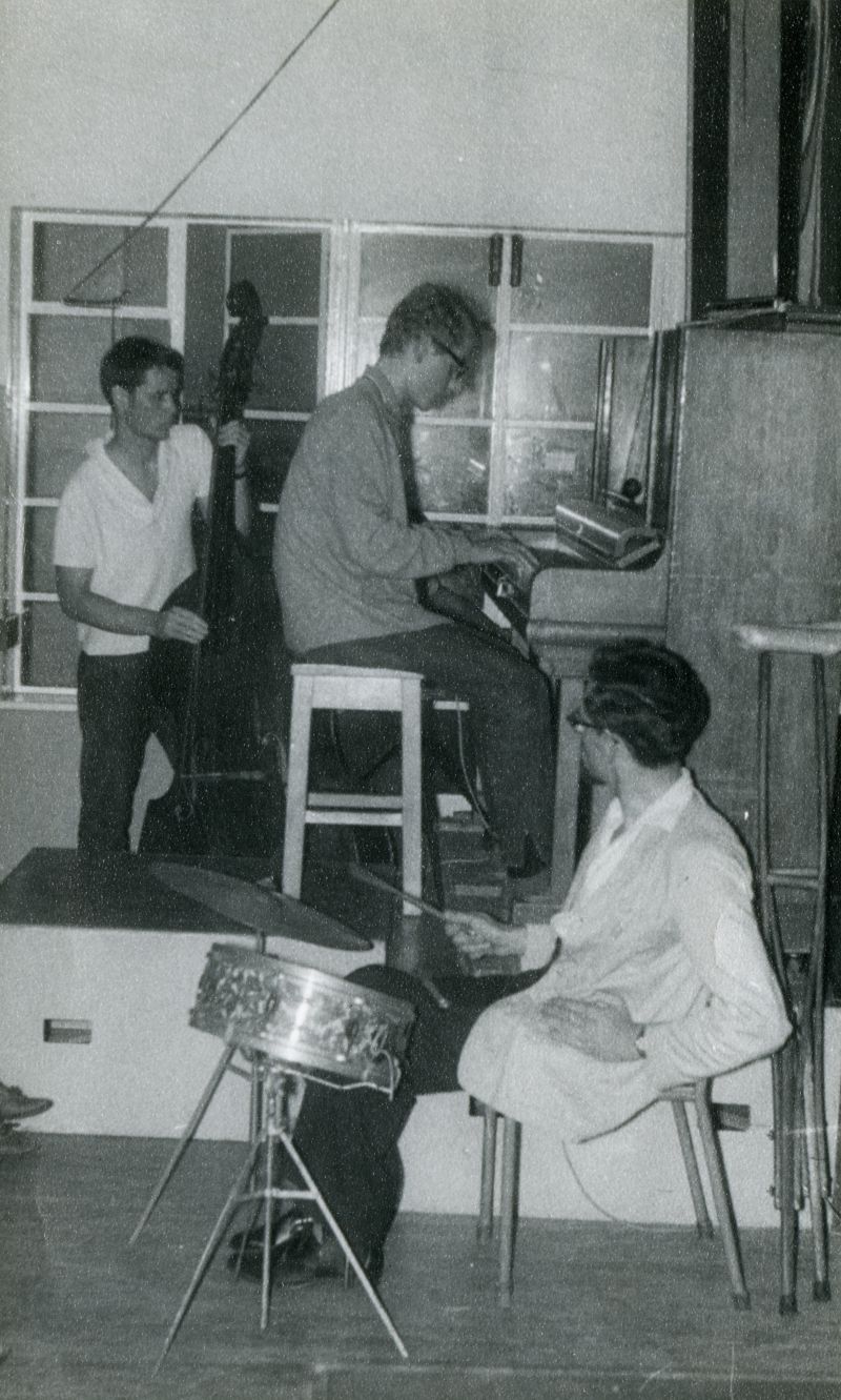  International Youth Camp. Concert Band. Bass - unknown. Piano Bernard Wilt (French Camper). Drums David Schacot ? (English Youth Worker). Undated 
Cat1 Mersea-->Youth Camp
