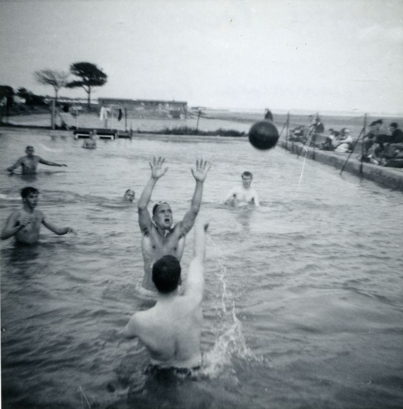  International Youth Camp. Water polo in swimming pool. Original saltwater pool behind. Mid 1960s 
Cat1 Mersea-->Youth Camp