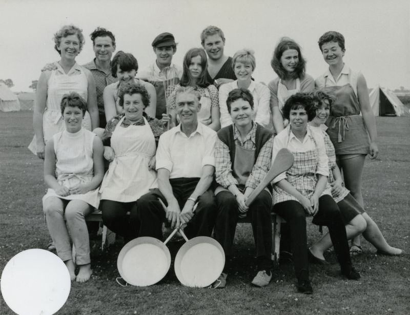  International Youth Camp. 1960s. Kitchen Staff.

Front row 1. Pat Burles, 2. Mrs McDonald, 3. Mr McDonald - Site Warden, 4., 5. Jill Butcher, 6.

Others not yet known. 
Cat1 Mersea-->Youth Camp