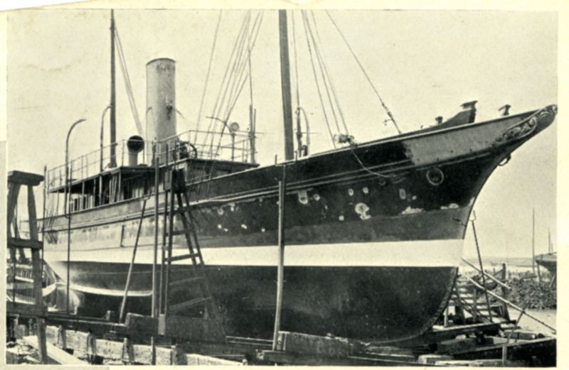  Steam Yacht ELFRIDA on slipway. 159 tons T.M. Photo from Aldous catalogue c1936. Brightlingsea.

From Lloyds Yacht Register 1935: Official No. 84944. Iron. Built Ramage & Ferguson, Leith, 1882. Owner Leslie W. Farrow, registered Cowes. 
Cat1 Places-->Brightlingsea-->Shipyards Cat2 Yachts and yachting-->Steam