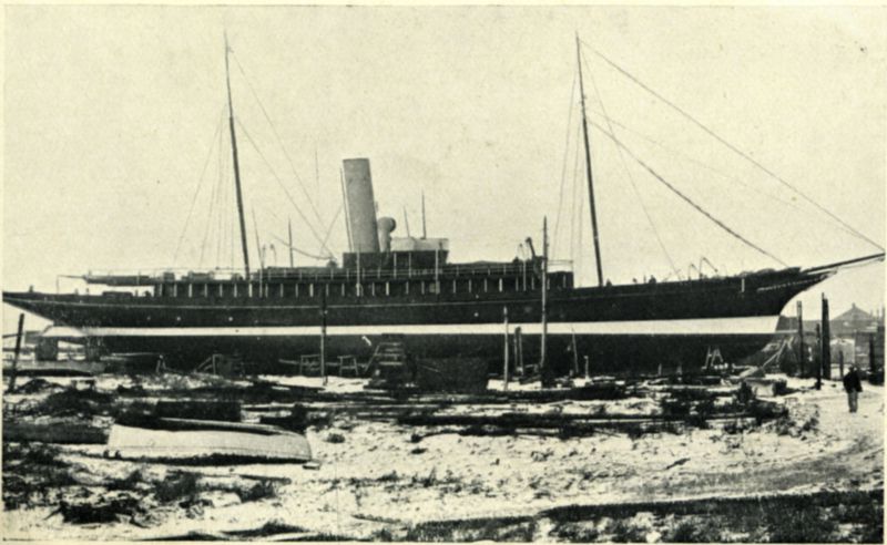  Steam Yacht ROSABELLE on slipway. 614 tons (Thames Measurement) [from page 44]. From Aldous catalogue, c1936

From Lloyd's Yacht Register 1935: Official No. 109610. Built Ramage & Ferguson, Leith, 1901. Owned by Lt.-Col. J.W. Abraham, registered Leith.

In WW2 she was an Armed Boarding Vessel and was lost 11 Dec 1941 [Warships of World War II Part Four]. 
Cat1 Places-->Brightlingsea-->Shipyards Cat2 Yachts and yachting-->Steam