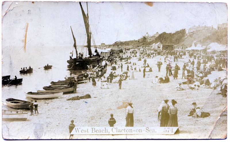 ID BF69_008_002 Barge discharging on West Beach Clacton on Sea. Postcard posted 26 Mar 1910.