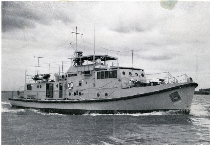  Aldous Successors Limited, Brightlingsea. Twin Screw Survey Vessel PENELOPE for Nigerian Navy. Yard No. 931, launched 30 Sept 1958. Rivetted construction, she sailed under her own power from England to Nigeria. 

Photograph Aldous Successors from information sheet. 
Cat1 Places-->Brightlingsea-->Shipyards Cat2 Ships and Boats-->Naval