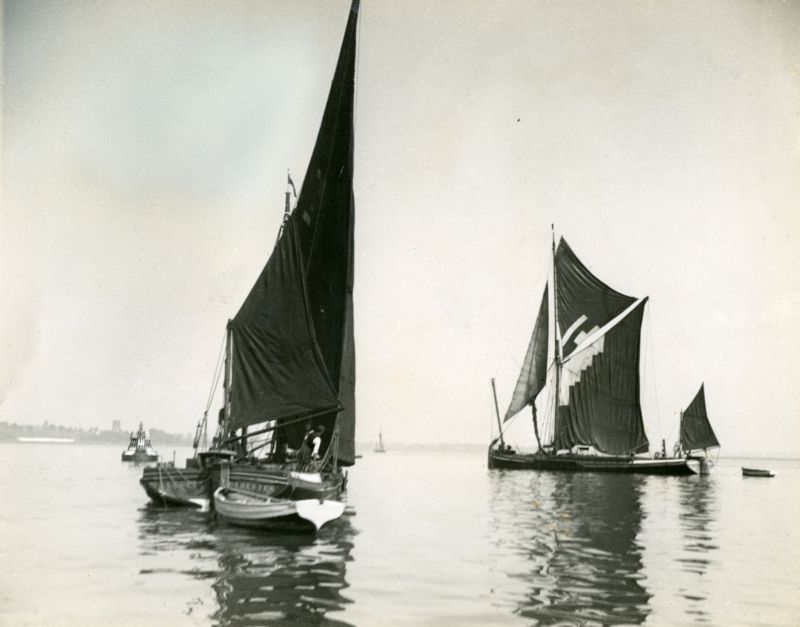 Click to Pause Slide Show


 Barges on the Orwell off Harwich. [DW]

Barges becalmed in the Orwell, off Harwich, 1934. Sailing barges were at the mercy of calms and in light airs much time and bad language was wasted in attempting to coax them along.
Here the bowsprit barge DEFENDER (right) tries for steerage way with her staysail set above the furled foresail. For some reason bargemen called what fishermen and ...
Cat1 Barges-->Pictures Cat2 Places-->Harwich Cat3 Places-->Orwell