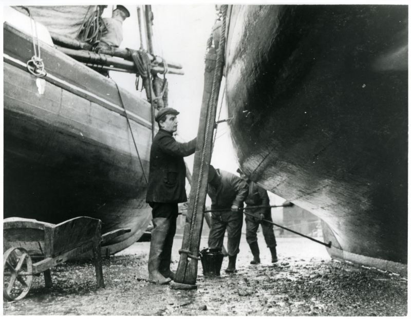 Click to Pause Slide Show


 Fitting out on Brightlingsea hard. Variation in shape of smack hulls is shown in this photograph. The underwater form was usually subtle, with a fine, near-vertical forefoot, considerable rise of floor (of the bottom), a high, firm bilge and along and well shaped run, the beginning of which can be sensed in the smack FAVOURITE on the right. Hug Brand paints the bottom of her work swcarred hull. ...
Cat1 Smacks and Bawleys Cat2 Places-->Brightlingsea