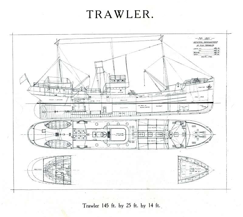  Trawler, from Otto Andersen catalogue. General Arrangement of Yard No. 1355.
Ships Built on the River Colne 2009 has No. 1355 as EVALANA FD55 launched July 1929 and towed to Fleetwood where engine and boiler were installed. 
Cat1 Places-->Wivenhoe-->Shipyards