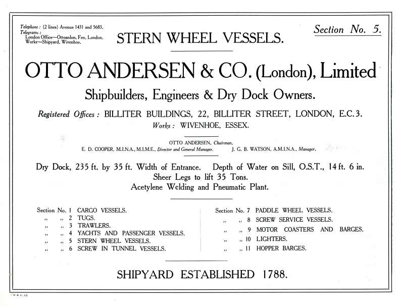  Otto Andersen catalogue, Section No. 5., Stern Wheel Vessels. Title page. 
Cat1 Places-->Wivenhoe-->Shipyards