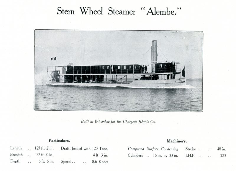  Stern Wheel Steamer ALEMBE. Built at Wivenhoe for the Chargeur Reunis Co. A page from Otto Andersen catalogue.

Yard No. 608. 
Cat1 Places-->Wivenhoe-->Shipyards