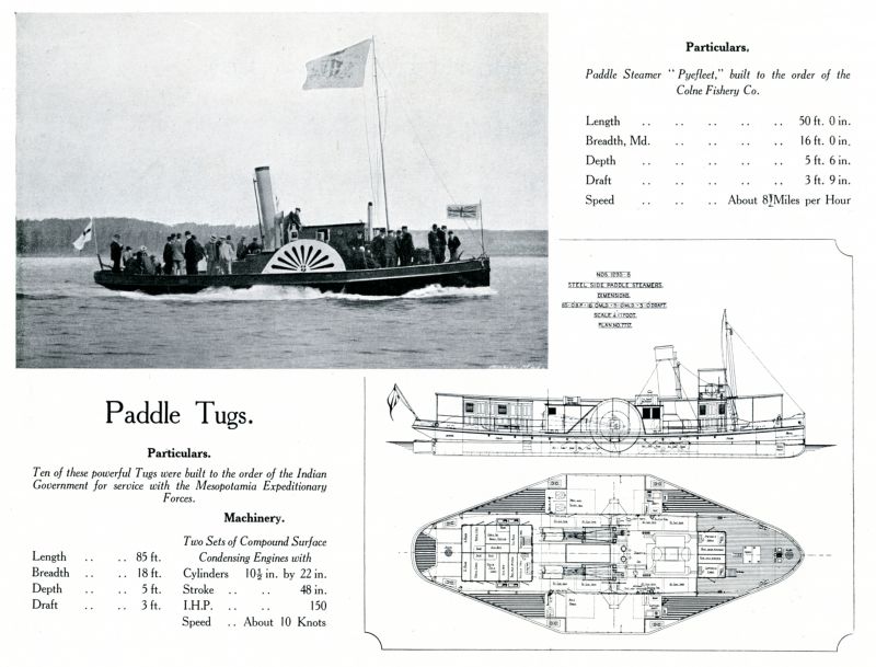  Paddle Steamer PYEFLEET built to the order of the Colne Fishery Company.

Paddle Tugs --- 10 built to the order of the Indian Government for service with the Mesopotamia Expeditionary Forces. Yard Numbers 1293 to 1296.

A page from the Otto Andersen catalogue.

PYEFLEET CK28 Official No. 104489. 
Cat1 Places-->Wivenhoe-->Shipyards Cat2 Fishing